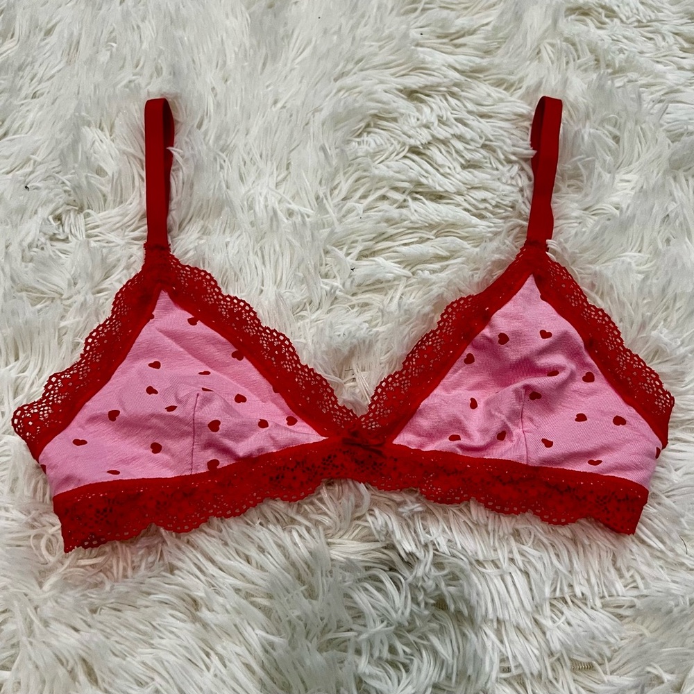 H&M Heart Bralette - Cotton - Lace - Adjustable - Valentine - Red / Pink - XS